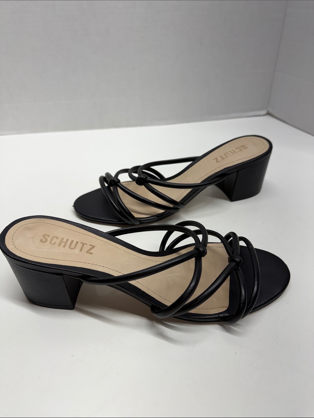 Schutz Princey Sandals Knotted Leather Block Heel Open Toe Strappy Shoes Black 7